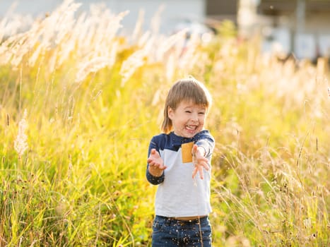 Cute toddler plays in field. Smiling boy throws plant seeds in the air. Autumn outdoor leisure activity for children. Fall season.