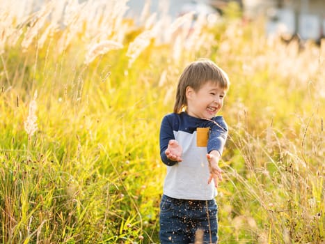 Cute toddler plays in field. Smiling boy throws plant seeds in the air. Autumn outdoor leisure activity for children. Fall season.