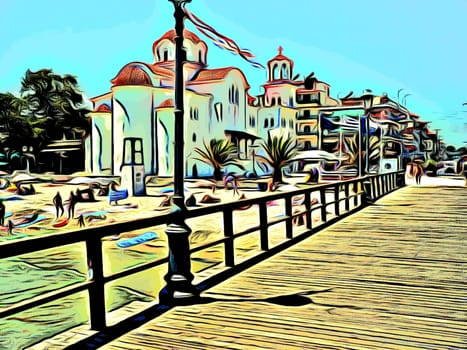 Paralia's beach with church and people in Greece painting.