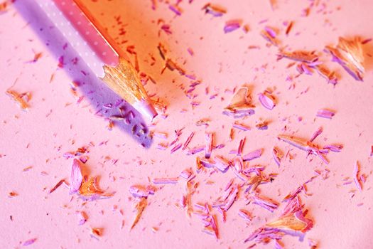 Pink wooden pencil  with broken tip on colored background , beautiful pencil shavings all around 