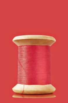 A wooden spool of red thread on  colored background 