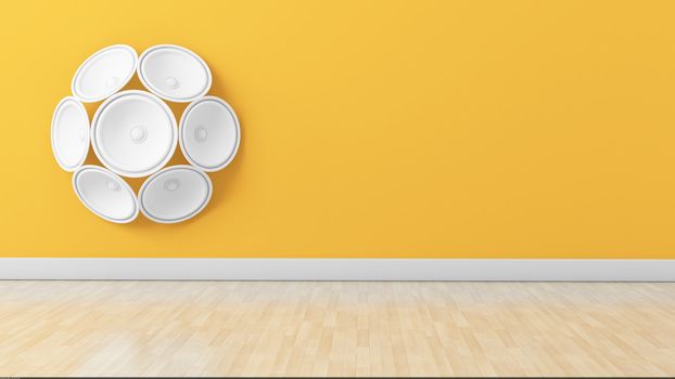 Set of white speakers in floral formation on yellow painted wall, perfect for living room interior