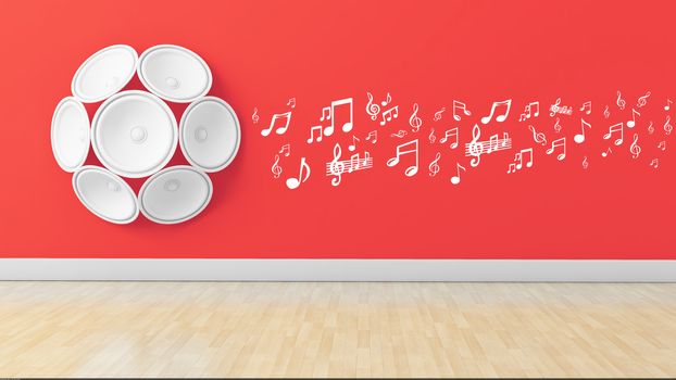 mulitple 3d speakers on wall with Treble clef and musical note

