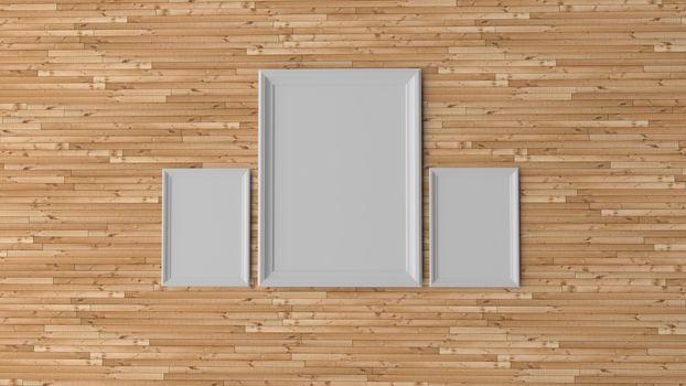 Two blank 3d wooden white frames on wooden wall waiting for art