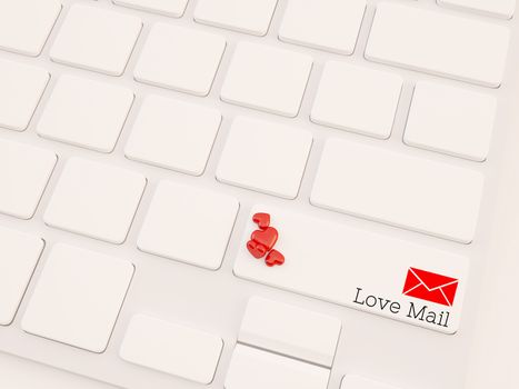 3d render love mail concept on keyboard with heart shape object