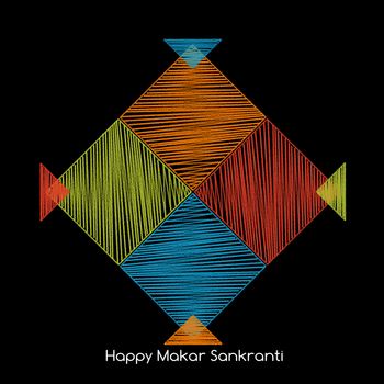 four colorful kites adjacent side with happy makar sankranti text