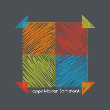four colorful kites adjacent side with happy makar sankranti text