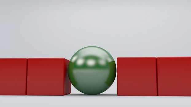 Green sphere among red cubes, standing out in the crowd concept