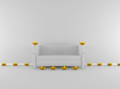 3d diwali diya arrangement in room, festival concept