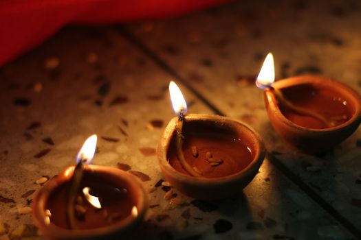 oil lamps lit on diwali festival