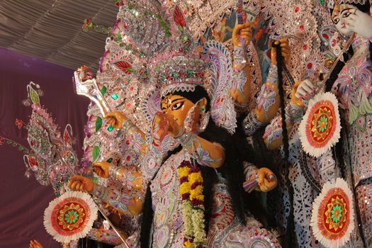 Durga Idol as worshipped by Bengali community in India. Known as goddess of destruction, she is also called Kali. View from side