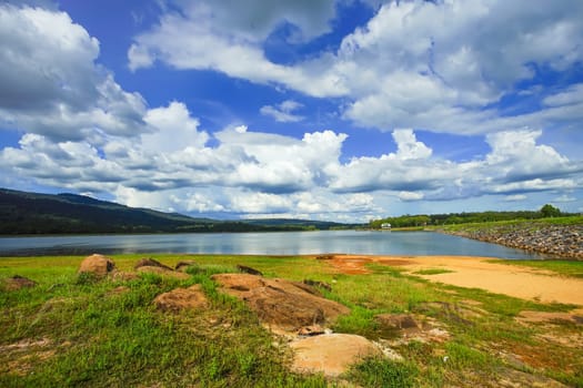 Beautiful landscape of Tha Krabak reservoir in Sa Kaeo province, Thailand.