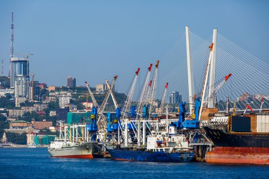 Summer, 2016 - Vladivostok, Russia - Vladivostok Sea Port. Commercial coasters are loading at the commercial port of Vladivostok.