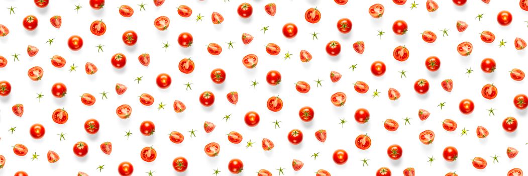 Banner - creative background from red tomatoes. Abstract background. of isolated ripe Tomato on the white background not seamless pattern. flat lay
