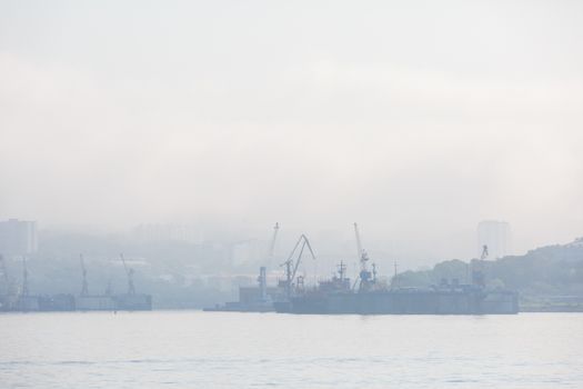 Vladivostok Marine Facade. Commercial seaport from the sea side.