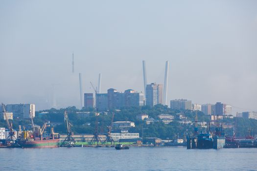 Vladivostok Marine Facade. Commercial seaport from the sea side.