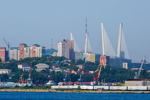 Vladivostok Marine Facade. Commercial seaport from the sea side.