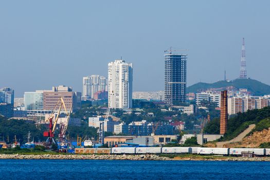 Vladivostok Marine Facade. Commercial seaport from the sea side.