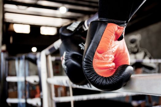 Boxing gloves hanging on ring in stadium.