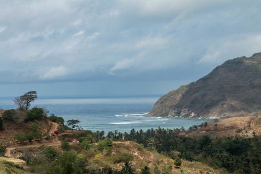 Panoramic view of Mawun beach in Lombok, Indonesia. Kuta Lombok is an exotic paradise on the Indonesian island, with beautiful white sand beaches and crystal clear turquoise waters.