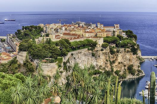 Panoramic view of Monaco City, aka Le Rocher or The Rock, Principality of Monaco, Cote d'Azur, French Riviera