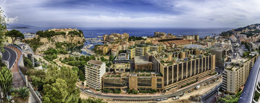 Panoramic view of Fontvieille district in the Principality of Monaco, Cote d'Azur, French Riviera