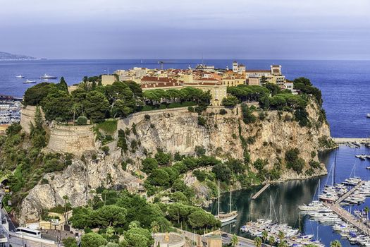 Panoramic view of Monaco City, aka Le Rocher or The Rock, Principality of Monaco, Cote d'Azur, French Riviera
