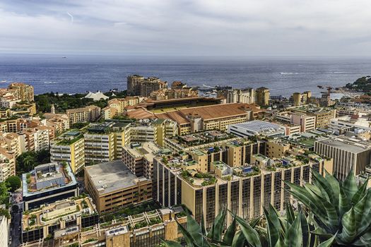 Aerial view of the Louis II stadium. It is located in the Fontvieille district of Monaco, Cote d'Azur, French Riviera