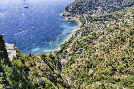 Scenic aerial view from the town of Èze over the beautiful coastline near the city of Nice, Cote d'Azur, France. It is one of the most renowned tourist site of the French Riviera