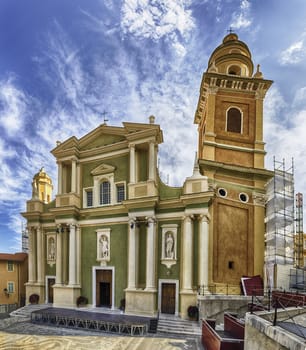 Facade and architecture of the Basilica Saint-Michel-Archange in the old town of Menton, picturesque city in the Provence-Alpes-Côte d'Azur region on the French Riviera, close to the Italian border