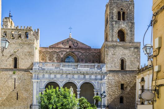 high part of the facade of the cathedral of the city of monreale near palermo sicilia