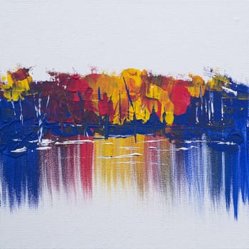 Abstract acrylic painting on canvas, hand painted image of autumn trees and lake