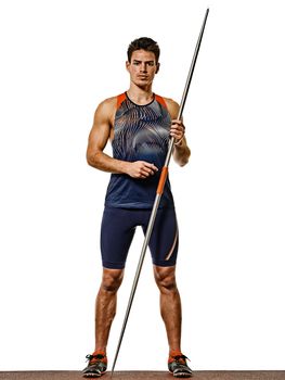 one young caucasian athlete man practicing Javelin athletics in studio isolated on white background