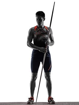 one young caucasian athlete man practicing Javelin athletics in studio isolated on white background