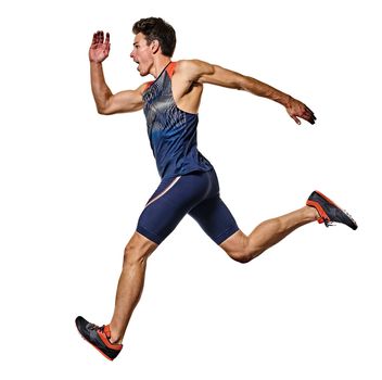 one young caucasian man practicing athletics runner running sprinter sprinting in studio isolated on white background