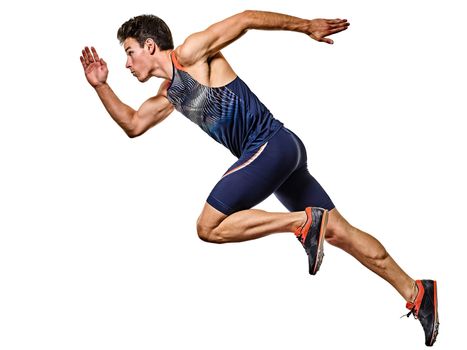 one young caucasian man practicing athletics runner running sprinter sprinting in studio isolated on white background