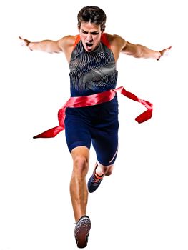 one young caucasian man practicing athletics runner running sprinter sprinting in studio isolated on white background