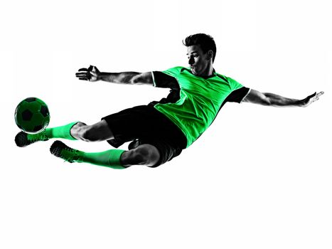 one young caucasian soccer player silhouette shadow in studio isolated on white background