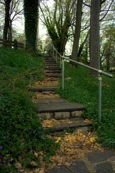 A Stone Path in an Overgrown Park Full of Greenery With a Metal Fence on the Side