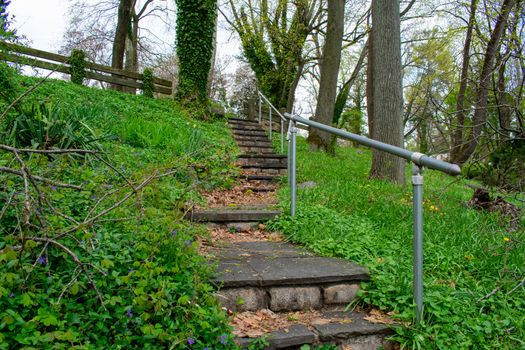 A Stone Path in an Overgrown Park Full of Greenery With a Metal Fence on the Side