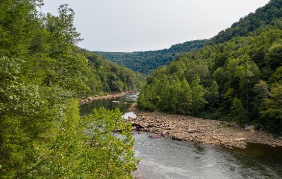 Aerial view of the Cheat River near the 1912 metal truss Jenkinsburg Bridge near Mt Nebo and Morgantown over Cheat River