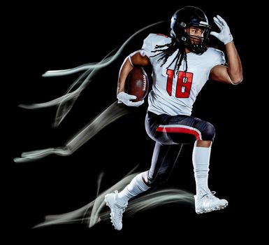 one african american football player man studio shot isolated on black background with light painting with blurred motion speed effect