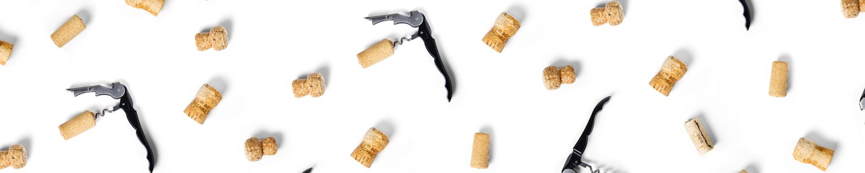 wine corks background on a white backlit background. wine background with corks and corkscrew for fabric print, paper print, wallpapers, design banner