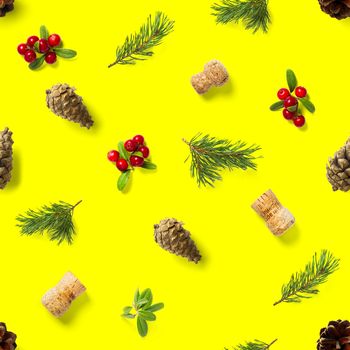 christmas seamless patterns with Pine cones wine cork and lingonberry. pattern christmas seamless on a yellow backdrop. Realistic photo collage. Print for paper, fabric, wallpaper.