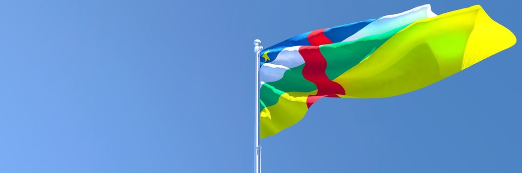 3D rendering of the national flag of Central African Republic waving in the wind against a blue sky