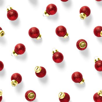 Seamless pattern with red Christmas decorations on white background. Christmas red ornaments Seamless pattern. Christmas abstract background made from balls.