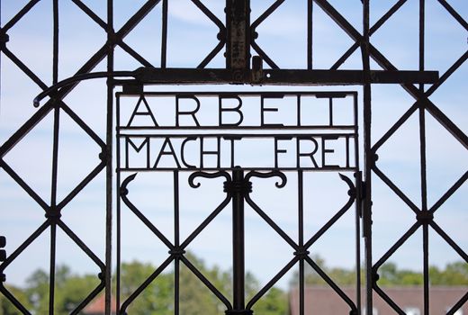 Dachau, Germany on july 13, 2020: Dachau concentration camp entrance gate, the entrance to the first Nazi concentration camp opened in Nazi Germany