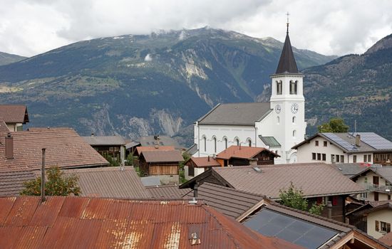 Eisscholl, Switzerland on july 17, 2020: The restored church of the small village of Eisscholl, Switzerland