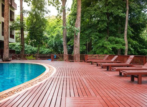 The view of Row of lounging chairs by swimming pool in beautiful park in hotel relaxation corner.