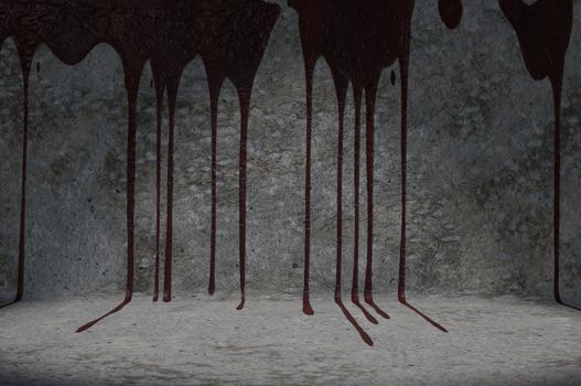 Old grunge red blood stained concrete texture wall room background with space for text .